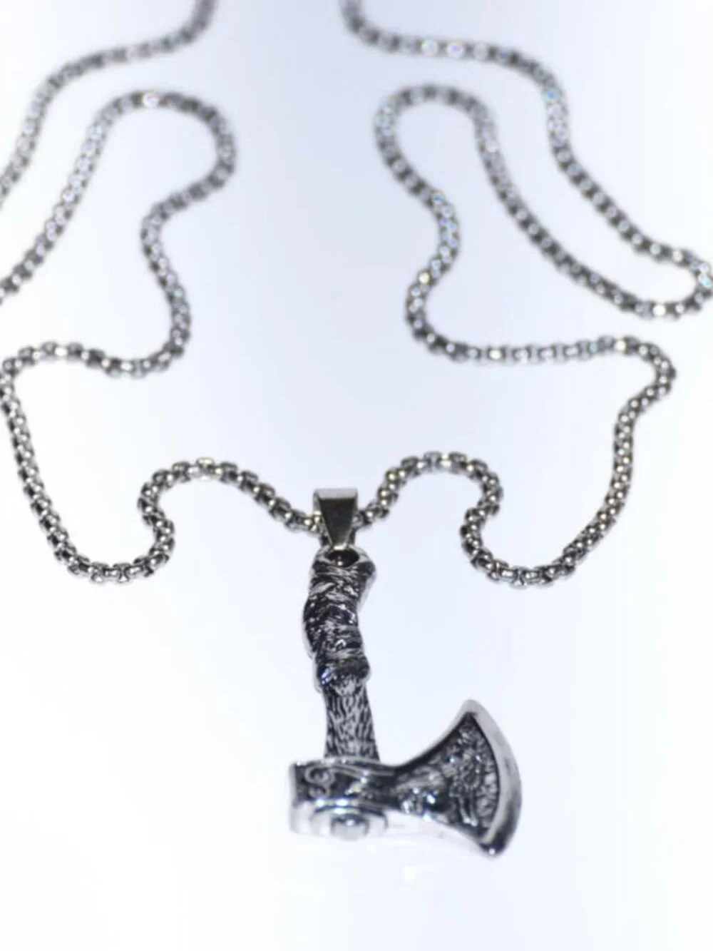 Men's Silver Tone Wolf Norse Axe Pendant Necklace Viking Biker Jewelry